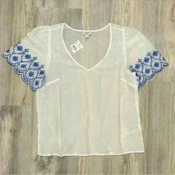 NWT J Crew White Cotton Top Embroidered Short Sleeve Semi Sheer Shirt Size S - Picture 1 of 8